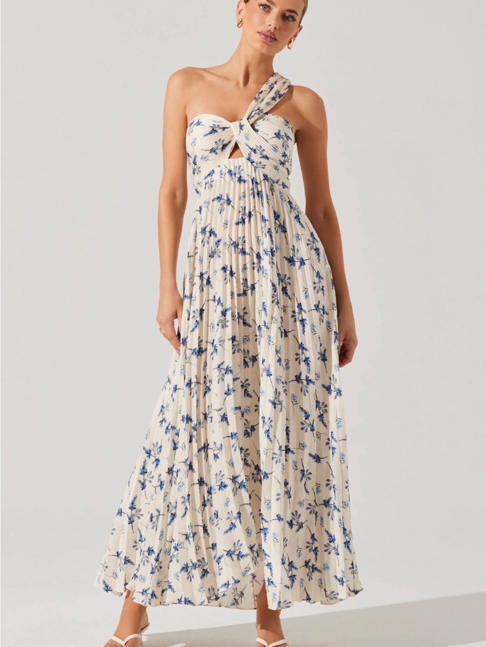 Astr One-Shoulder Cream Maxi Dress with Blue Floral Print